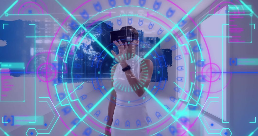 Woman with VR Headset Interacts with Futuristic Digital Interface
