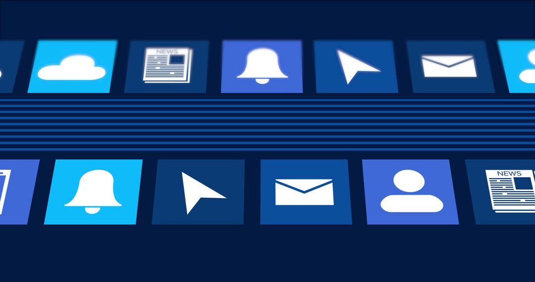 Floating Digital Icons on a Dynamic Dark Blue Background