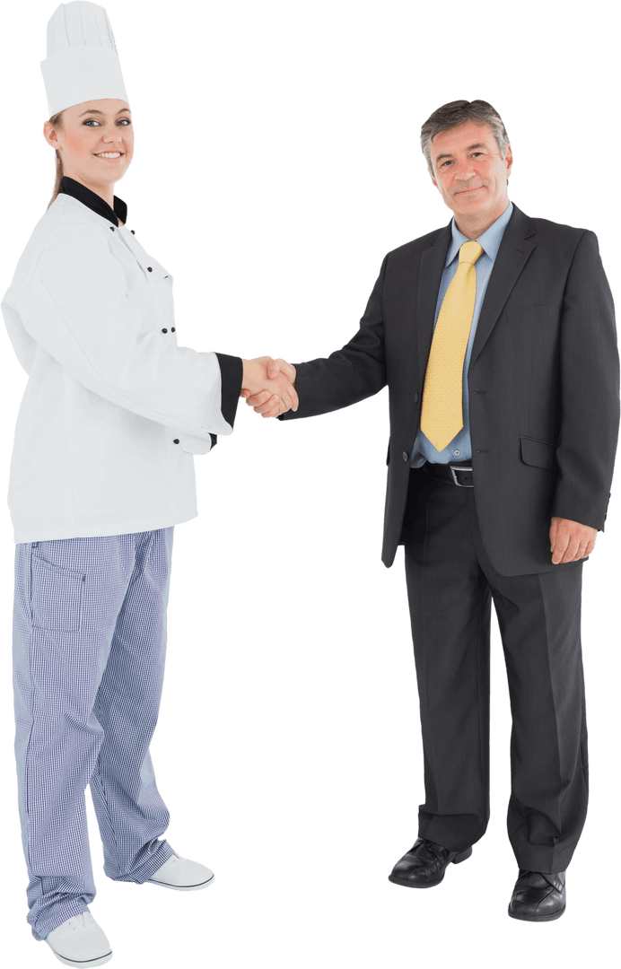 Transparent Businessman and Female Chef Shaking Hands Collaboration