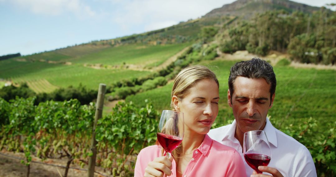 Couple Enjoying Red Wine in Vineyard with Scenic Hills - Free Images, Stock Photos and Pictures on Pikwizard.com