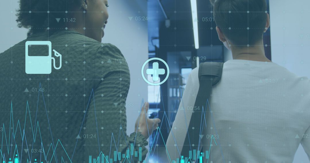 Financial Data Overlay with Diverse Professionals Discussing Work