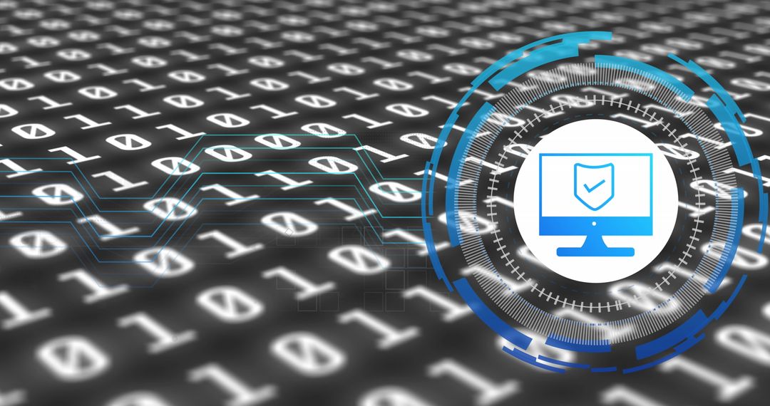 Cybersecurity Shield on Data Stream Background