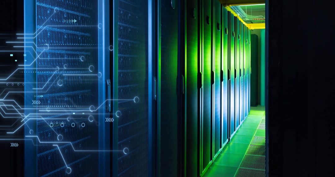 Futuristic Data Center with Circuit Board Overlay