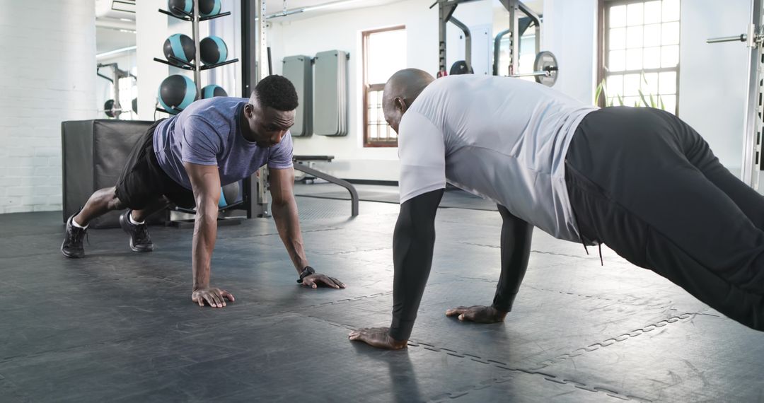 Trainer Assisting Gym Workout with Push-Ups on Rubber Floor