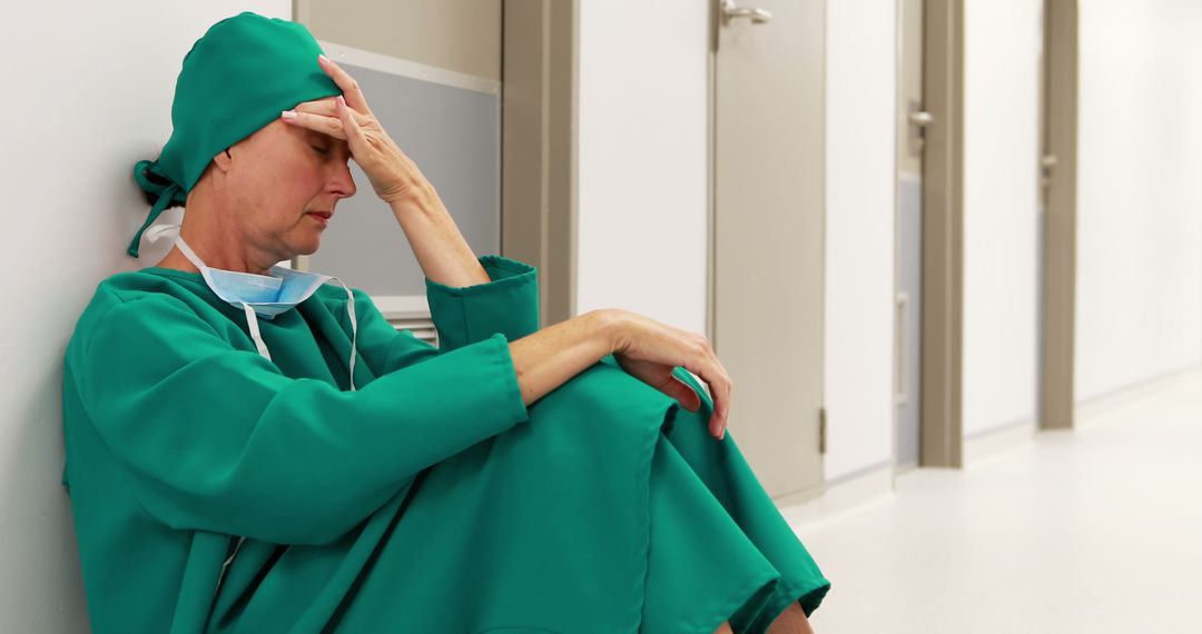 Exhausted Healthcare Worker Sitting on Hospital Floor - Free Images, Stock Photos and Pictures on Pikwizard.com