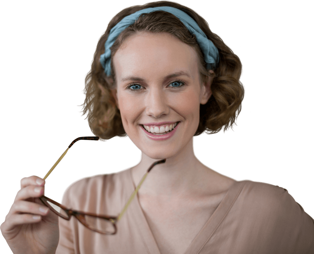 Transparent Smiling Woman Holding Glasses with Headband