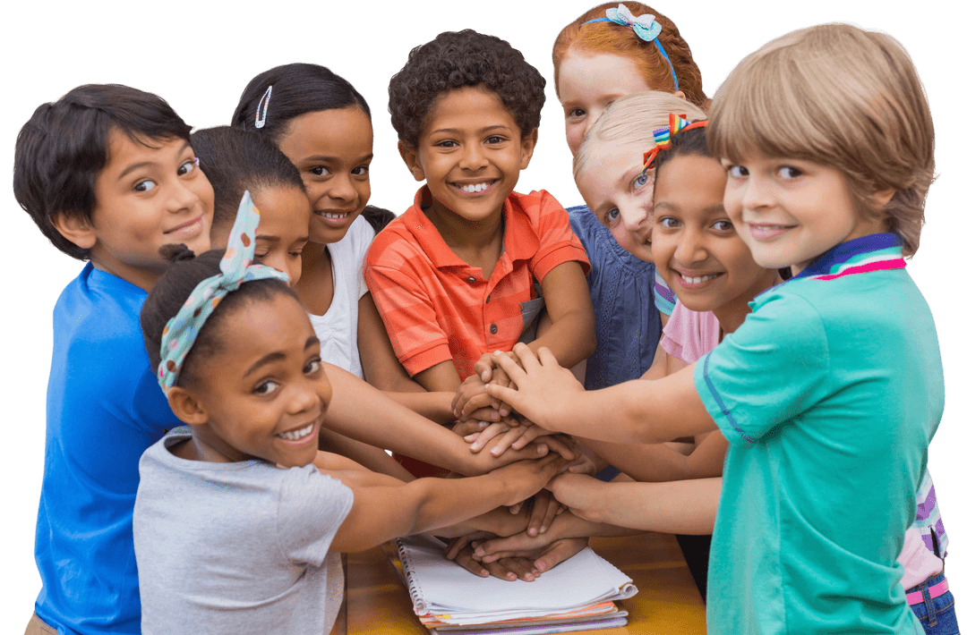 Diverse Group of Happy Children Stacking Hands Transparent Background