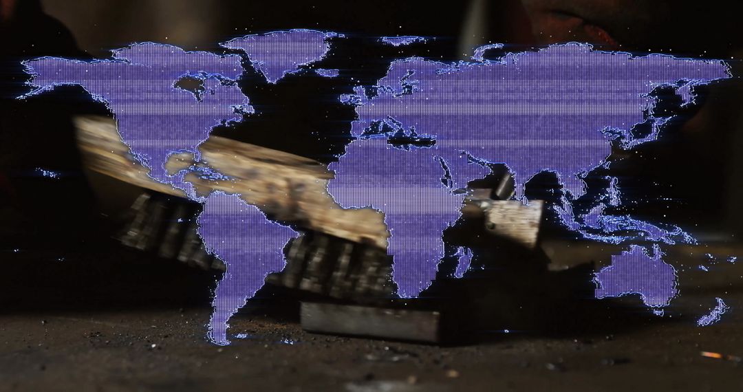 Glitching Purple World Map Over Industrial Scene