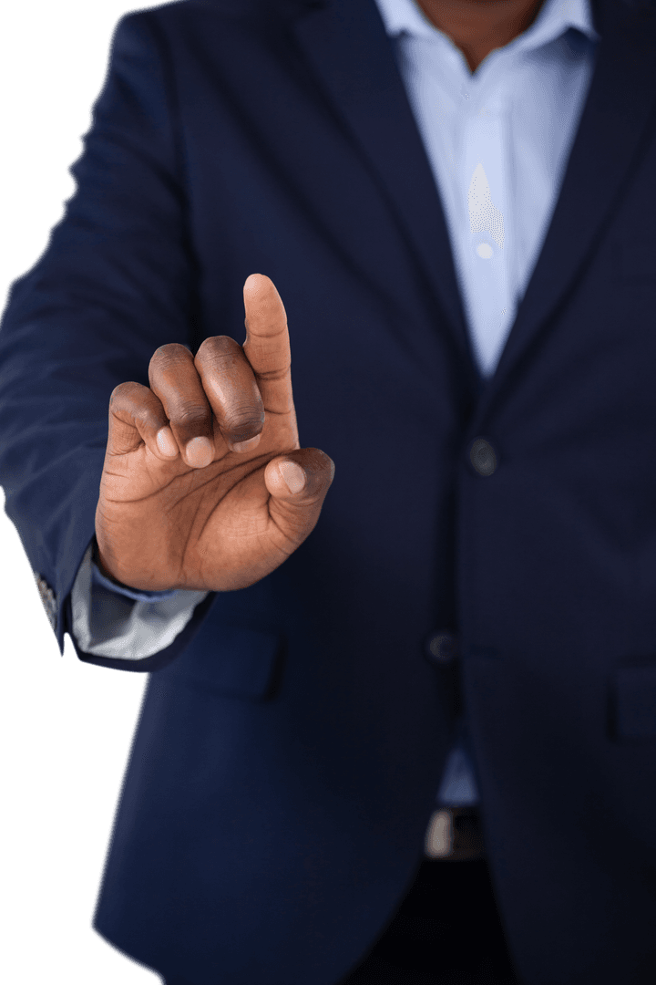 Businessman in Suit Touching Transparent Virtual Interface