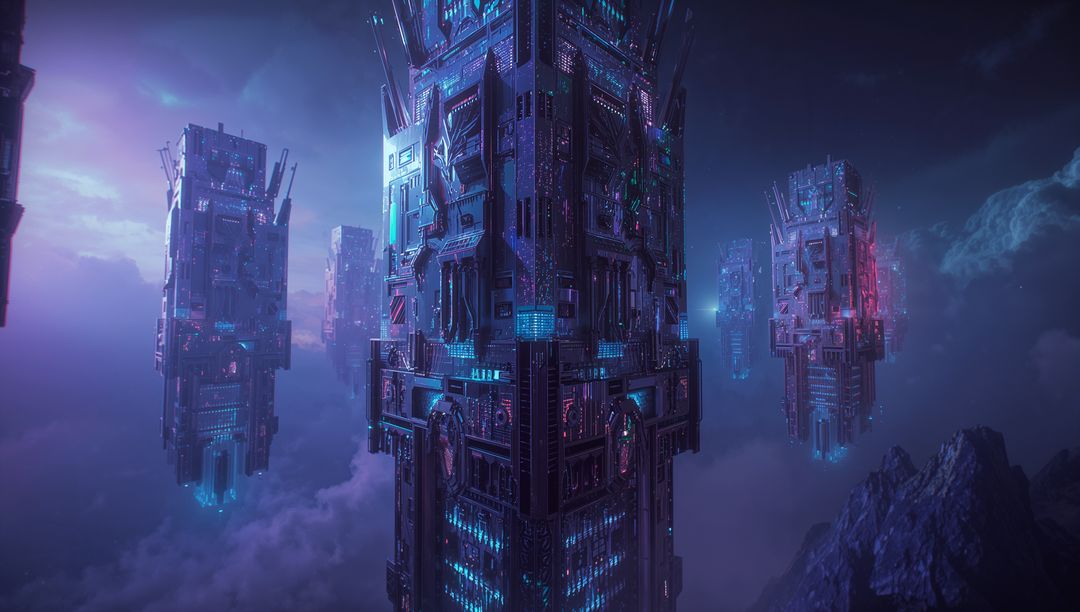 Futuristic Hovering Towers Illuminate Twilight Sky