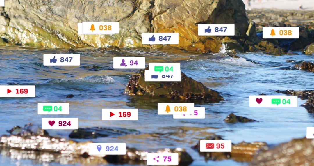 Dynamic Digital Notifications Overlaid on Rocky Shoreline Scene