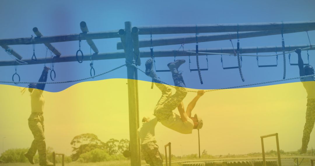 Diverse Soldiers Exercising Under Ukrainian Flag Overlay