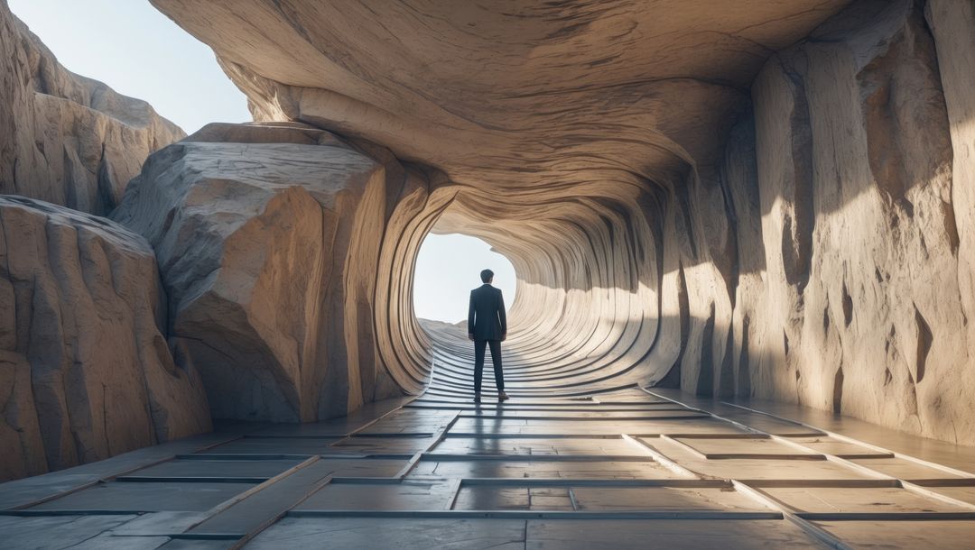 Man in Suit Facing Tunnel Exit with Futuristic Design
