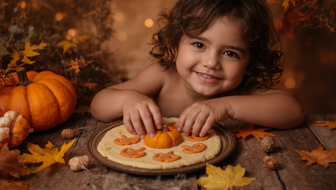 Smiling child arranging pumpkin cookies on rustic pie with autumn leaves backdrop