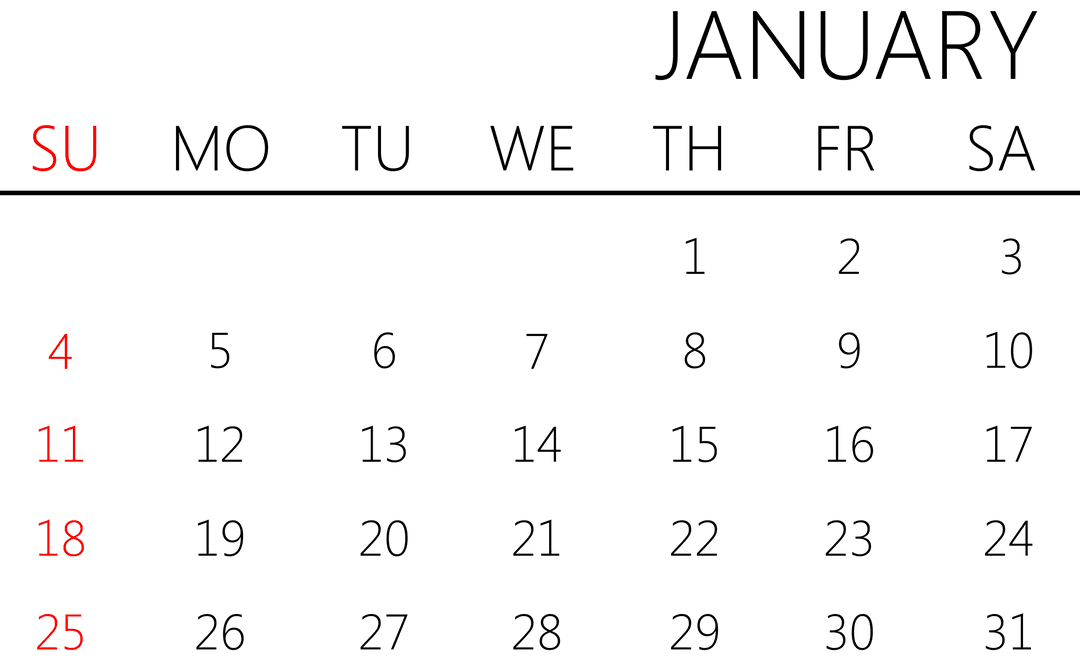 January Calendar on Transparent Background for Planning