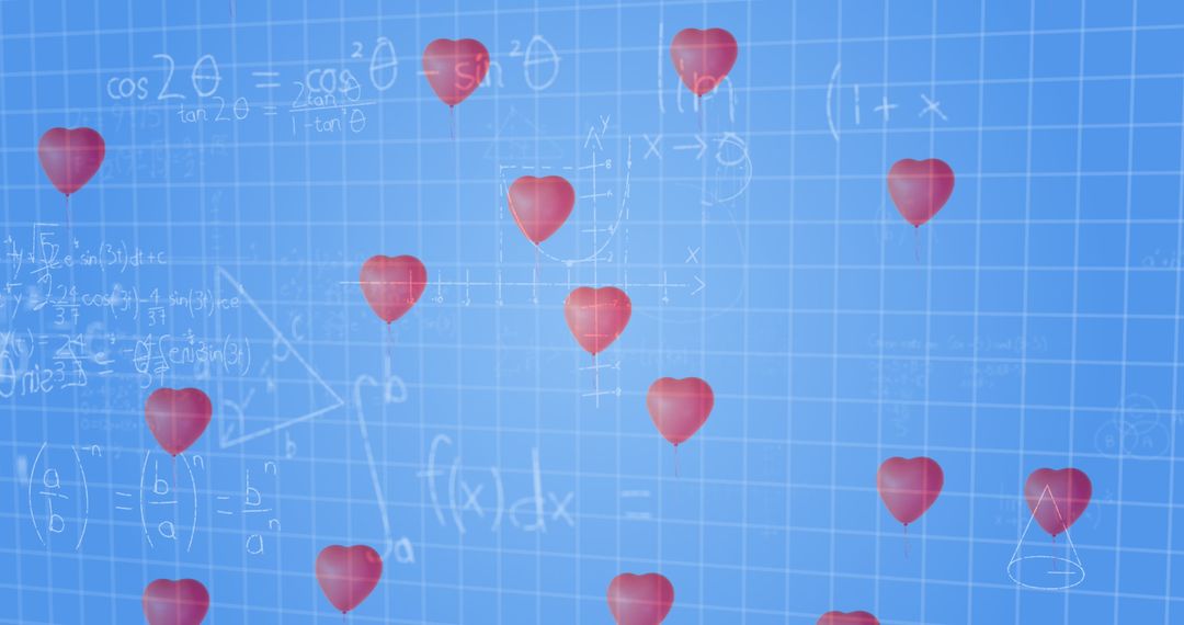 Hearts Falling Over Complex Mathematical Equations Blue Background