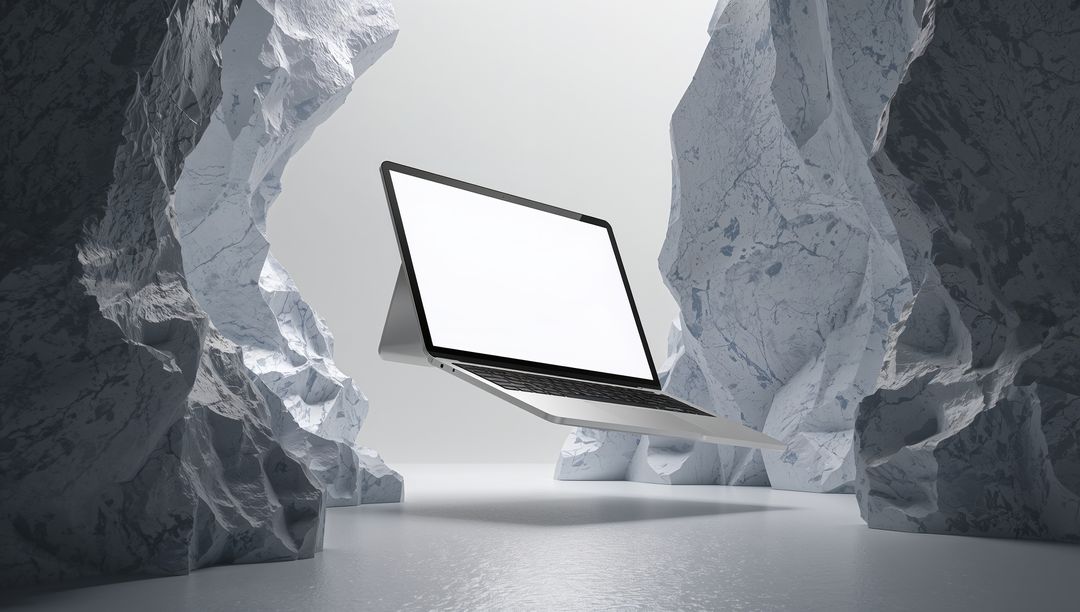 Floating Laptop in Abstract Minimalist Stone Structures