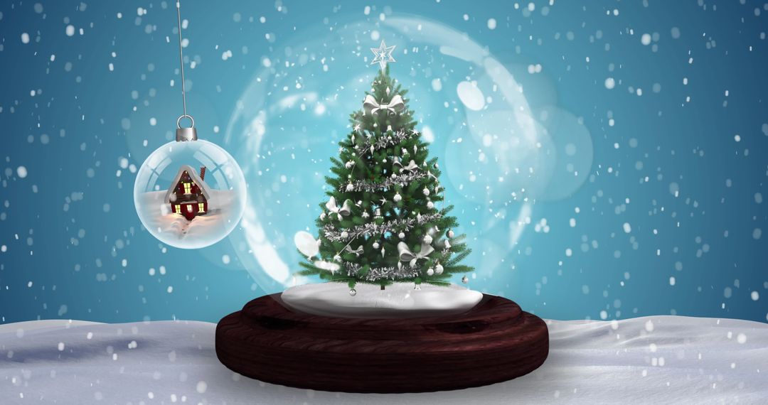 Festive Snow Globe Scene with Tree and House Ornament - Free Images, Stock Photos and Pictures on Pikwizard.com