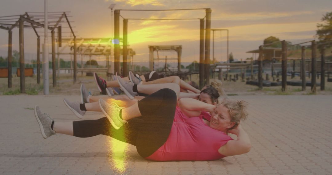 Group of Women Performing Bicycle Crunches at Fitness Park Sunset
