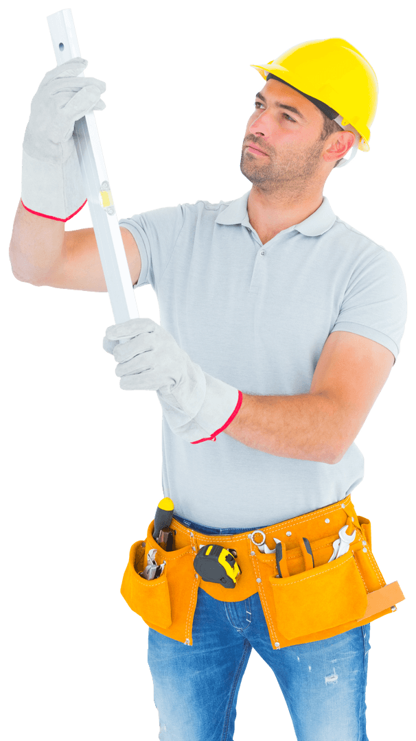 Transparent Handyman Inspecting Spirit Level with Tools