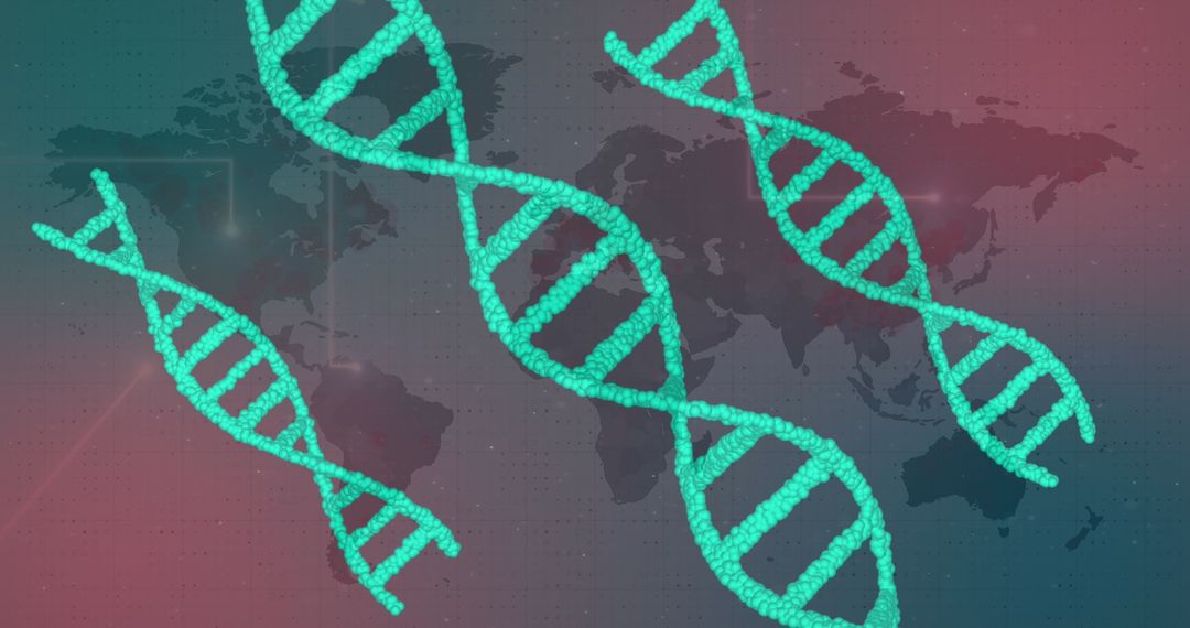 Glowing DNA Strands Over World Map with Digital Elements