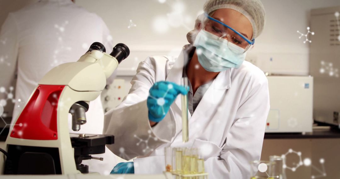 Biracial Scientist Working in Laboratory with Molecular Graphics