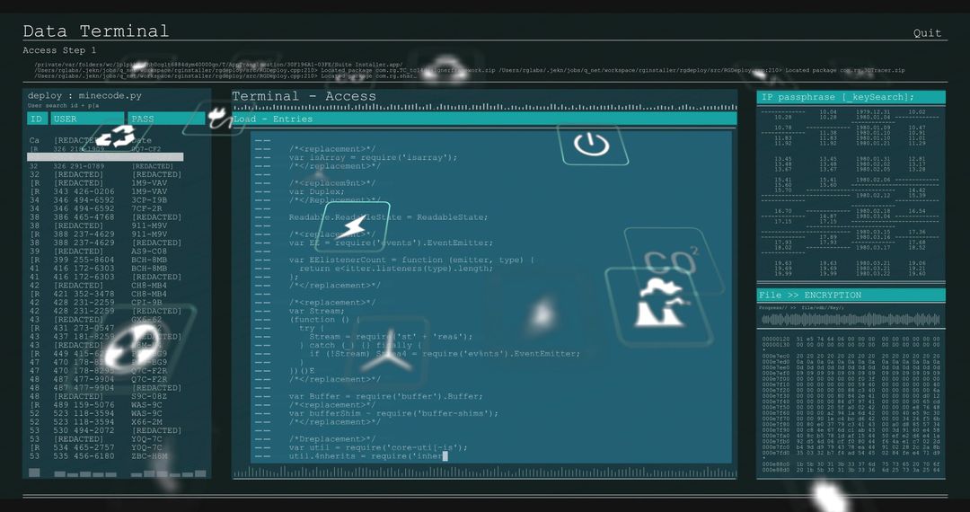 Futuristic Code Editor with Floating Icons Analysing Data