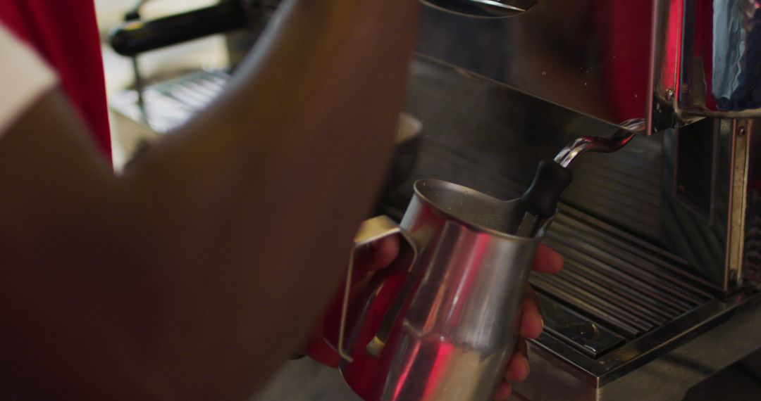 Barista Steaming Milk with Espresso Machine in Coffee Shop - Free Images, Stock Photos and Pictures on Pikwizard.com