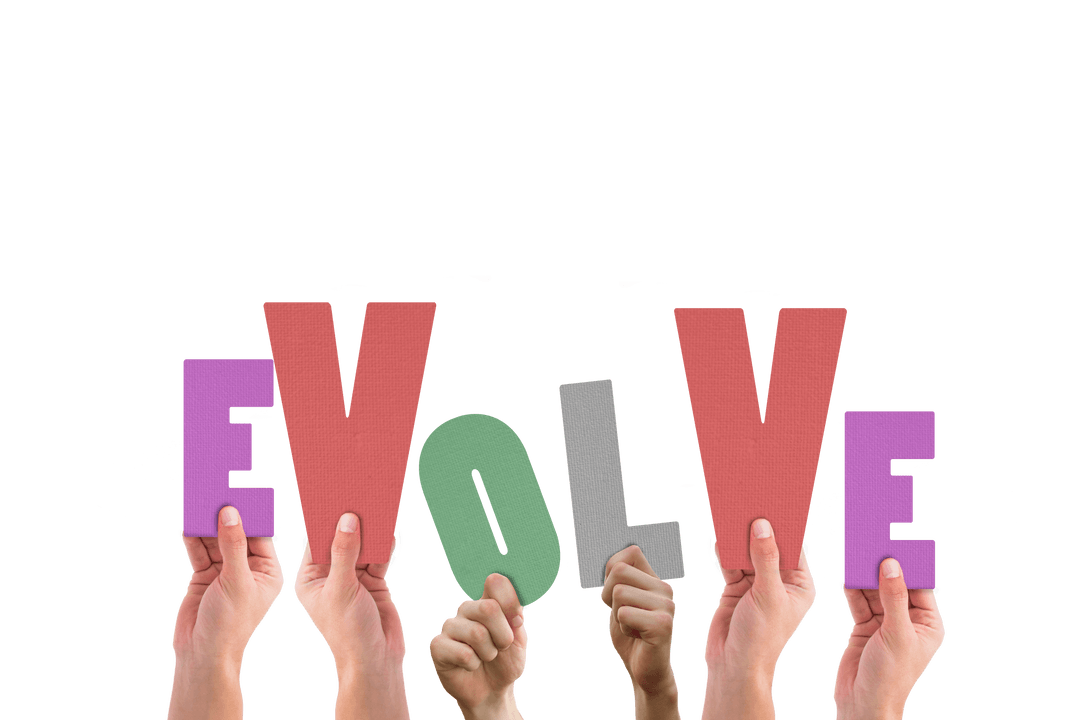 Hands Holding Colorful Paper Letters Spelling Transparent EVOLVE
