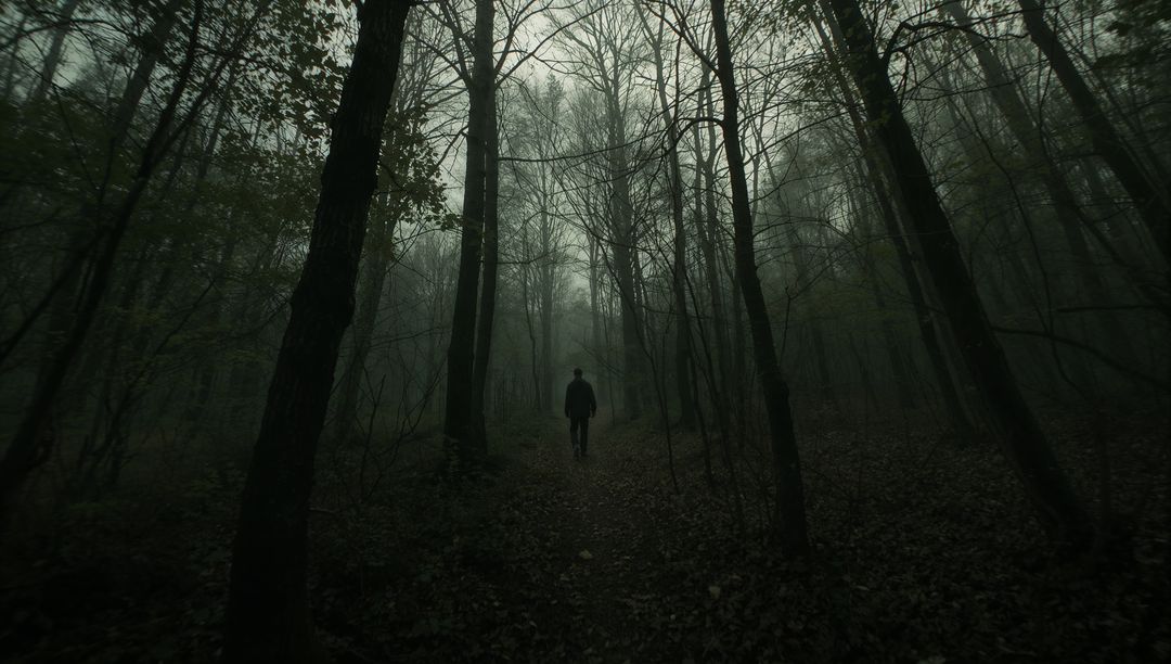 Mysterious Solitary Figure Walking in Misty Forest