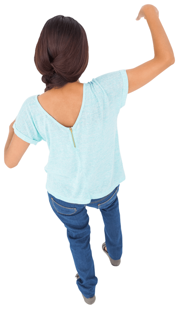 Confident Woman Raising Arm in Stylish Casual Attire on Transparent Background
