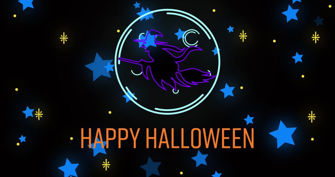 Happy Halloween Text with Neon Witch on Broom and Stars - Free Images, Stock Photos and Pictures on Pikwizard.com