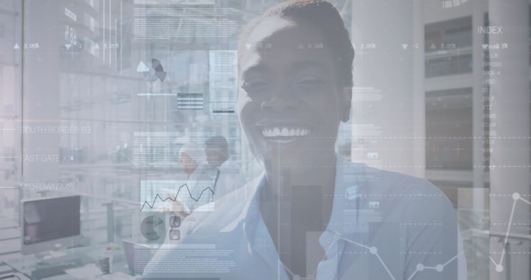 Smiling Businesswoman with Overlay Financial Datagraphics