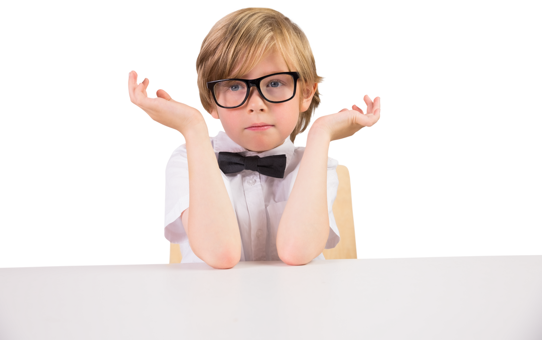 Transparent Schoolboy Shrugging in Glasses and Bow Tie at Desk - Download Free Stock Images Pikwizard.com