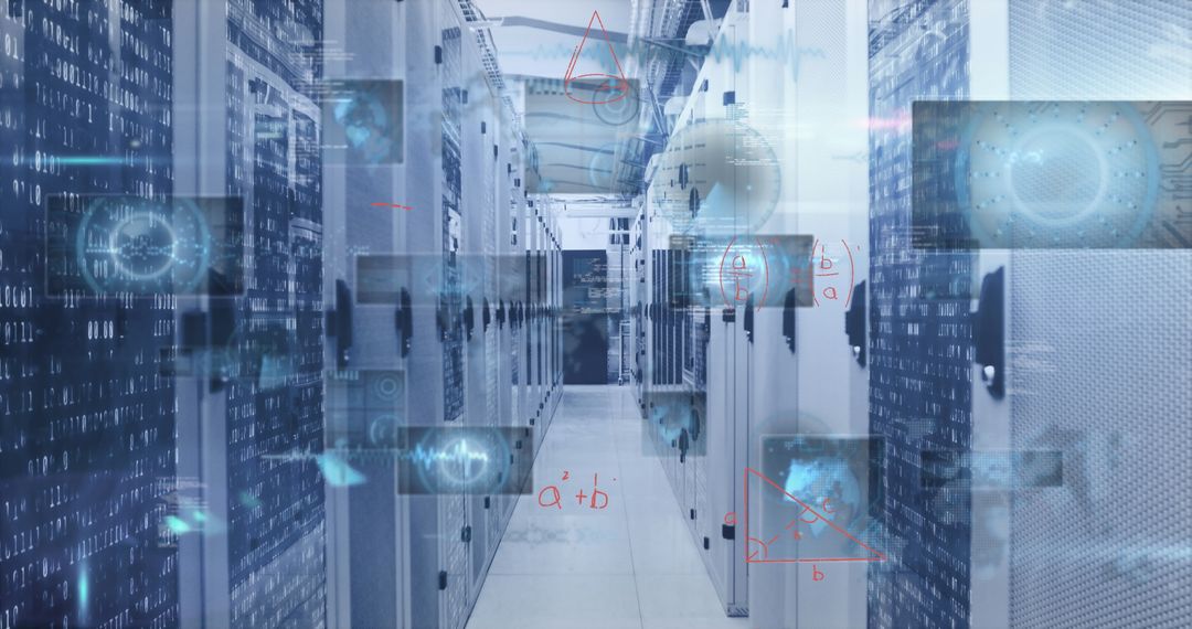 High Tech Data Center Illuminated By Futuristic Digital Code Overlay