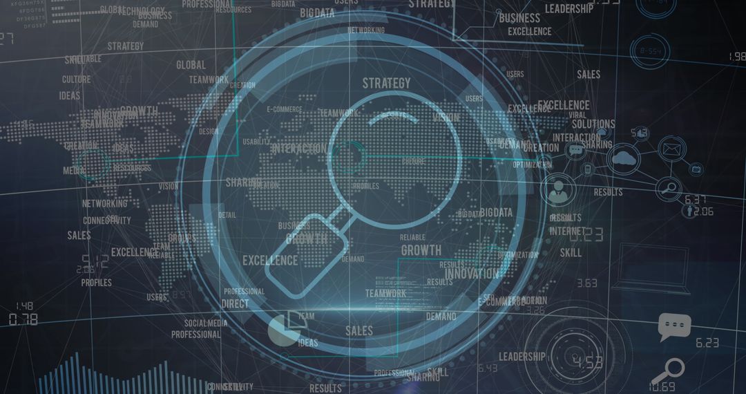 Futuristic Data Processing Interface with World Map and Icons