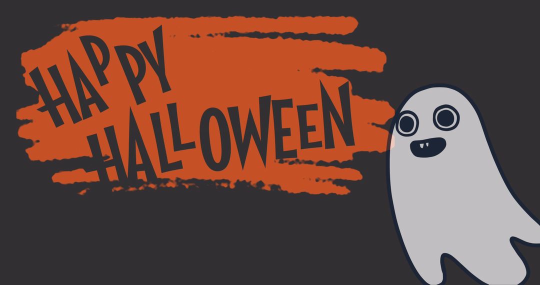 Spooky Halloween Greeting with Cartoon Ghost on Orange Splash
