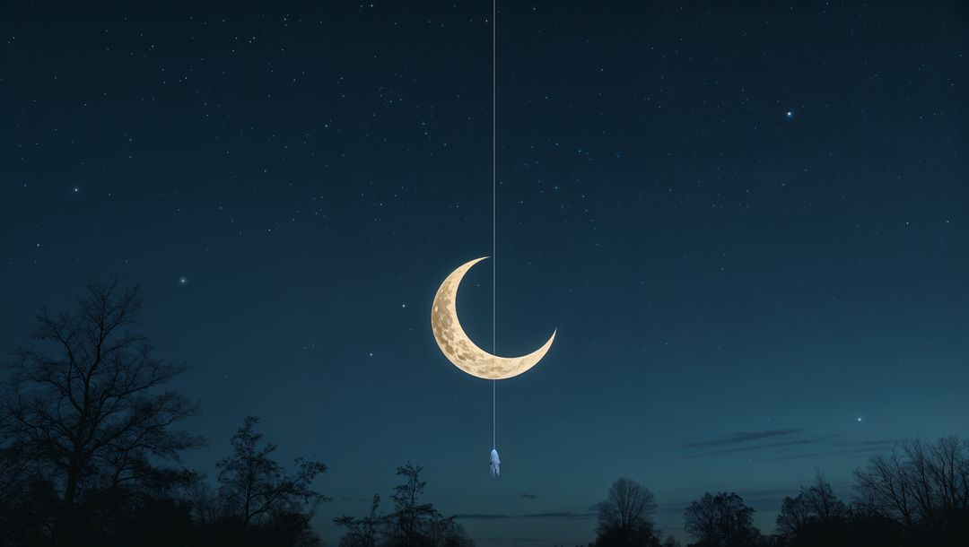 Astronaut Suspended from Glowing Crescent Moon at Night