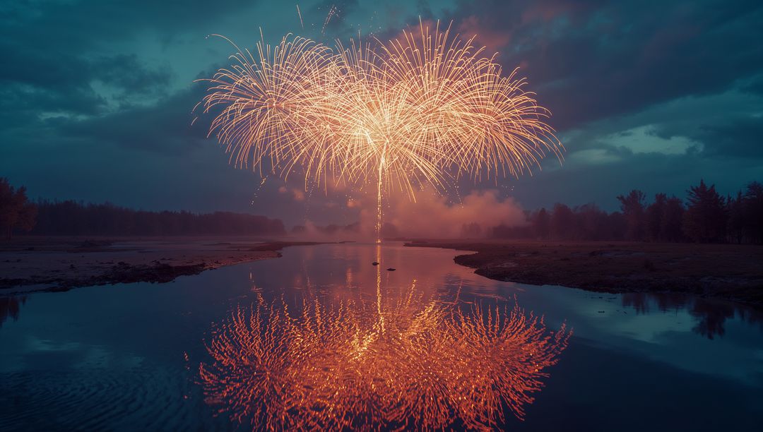 Golden Fireworks Reflected on River at Dusk