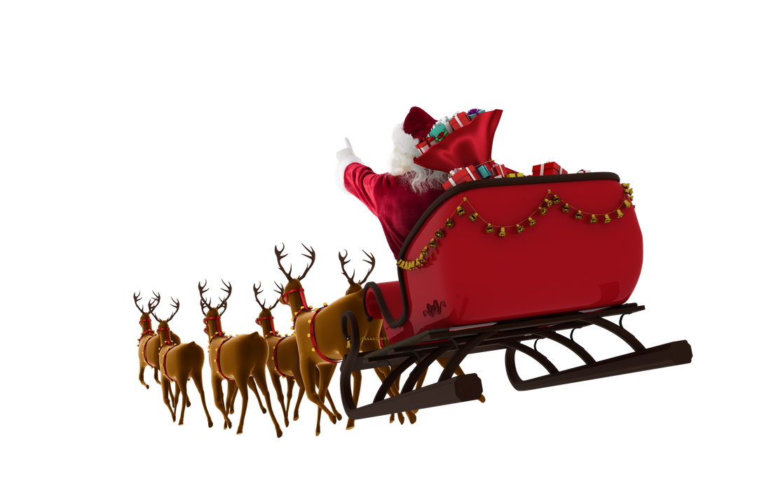 Santa Claus Riding Transparent Sleigh With Gift Box And Reindeer - Download Free Stock Images Pikwizard.com