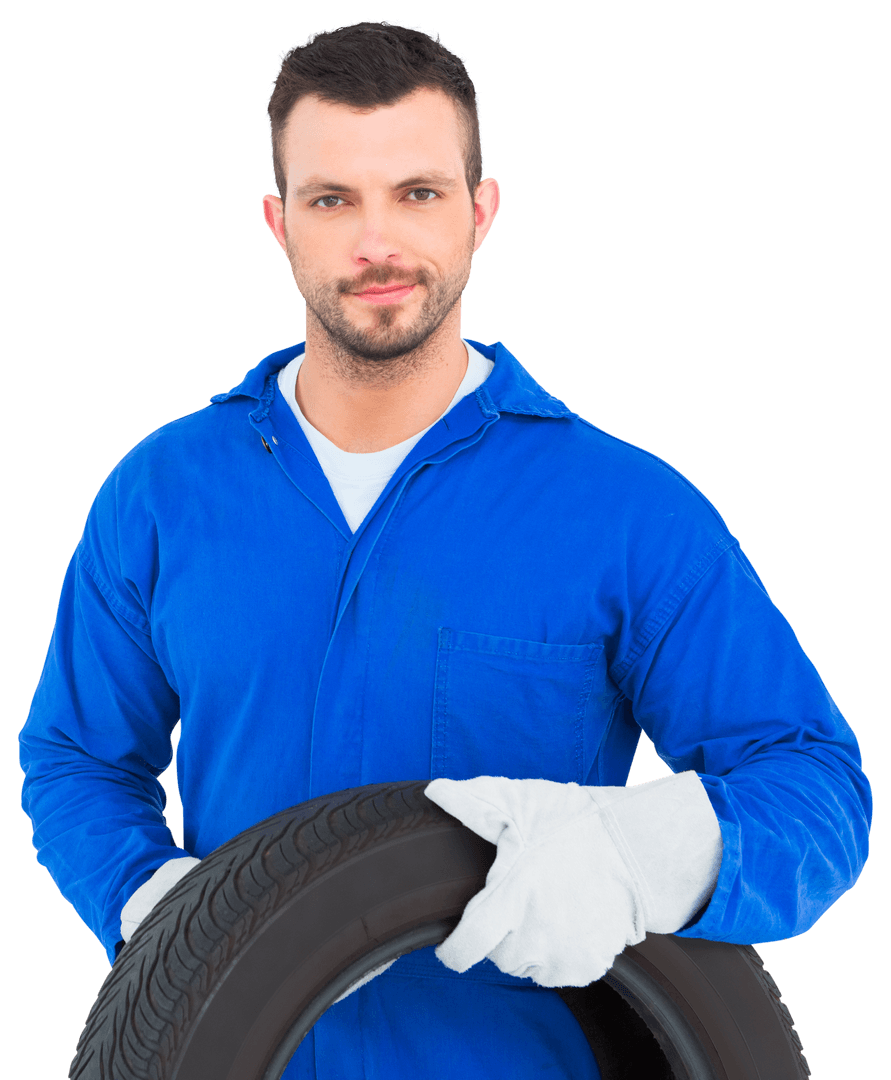 Transparent Mechanic Holding Tire in Blue Uniform