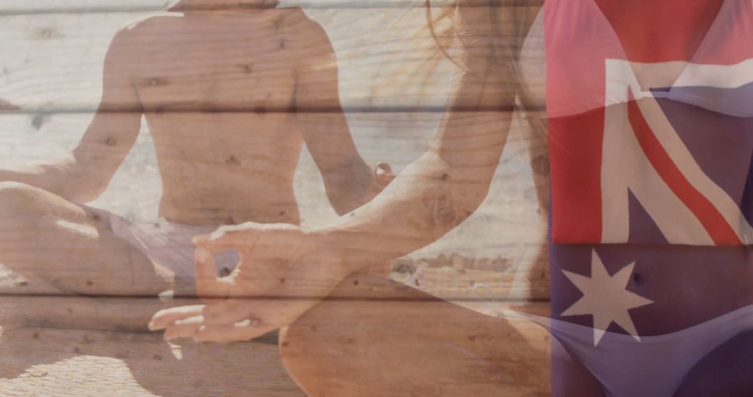 Couple Meditating on Sandy Beach Overlayed with Wooden Planks