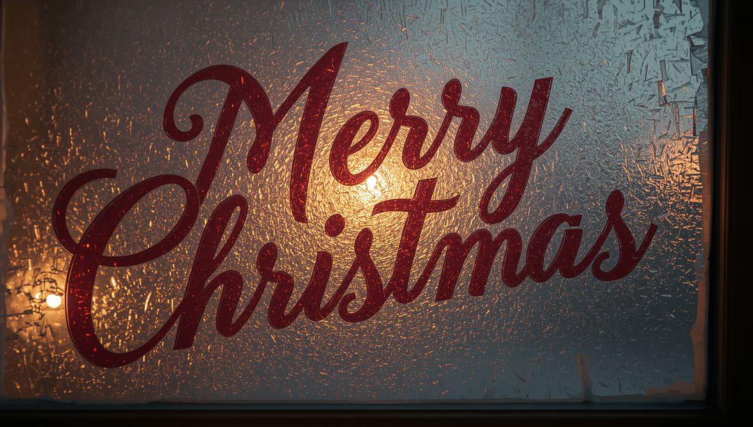 Glowing Merry Christmas Decal on Frosted Store Window, Backlit Bulb Halos and Warm Glow
