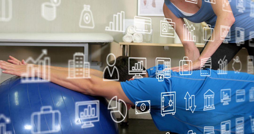 Trainer Guiding Client Stretching on Stability Ball in Rehab Clinic with Data Overlays