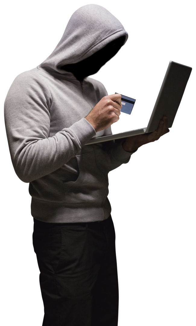 Caucasian Male Hacker with Laptop and Credit Card on Transparent Background - Download Free Stock Images Pikwizard.com