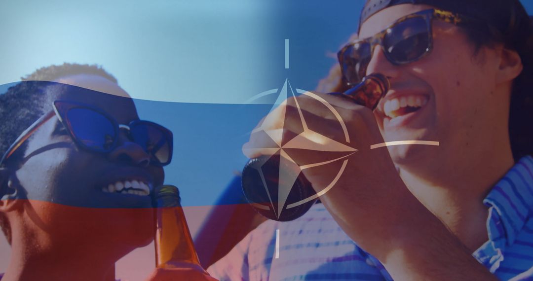 Friends Enjoying Summer Drinks With NATO Symbol Overlay