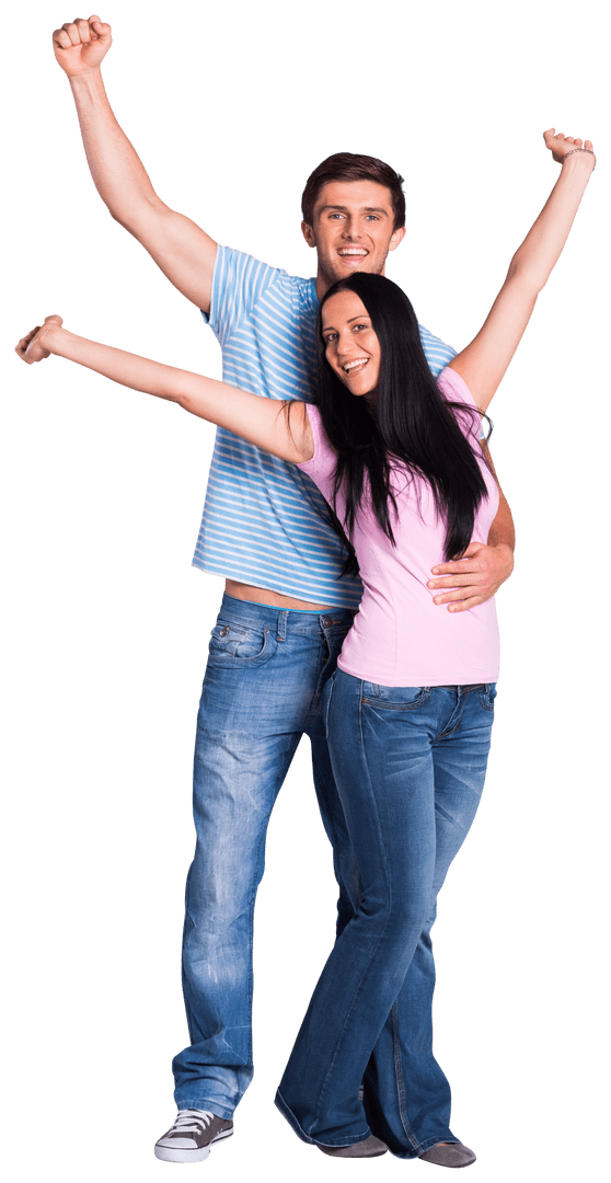 Joyful Couple with Uplifted Arms Transparent Background