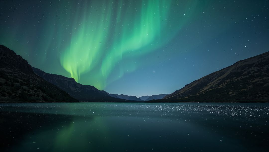 Glowing Aurora Borealis Arching Over Mountain Valley Reflecting on Glassy Glacial Lake