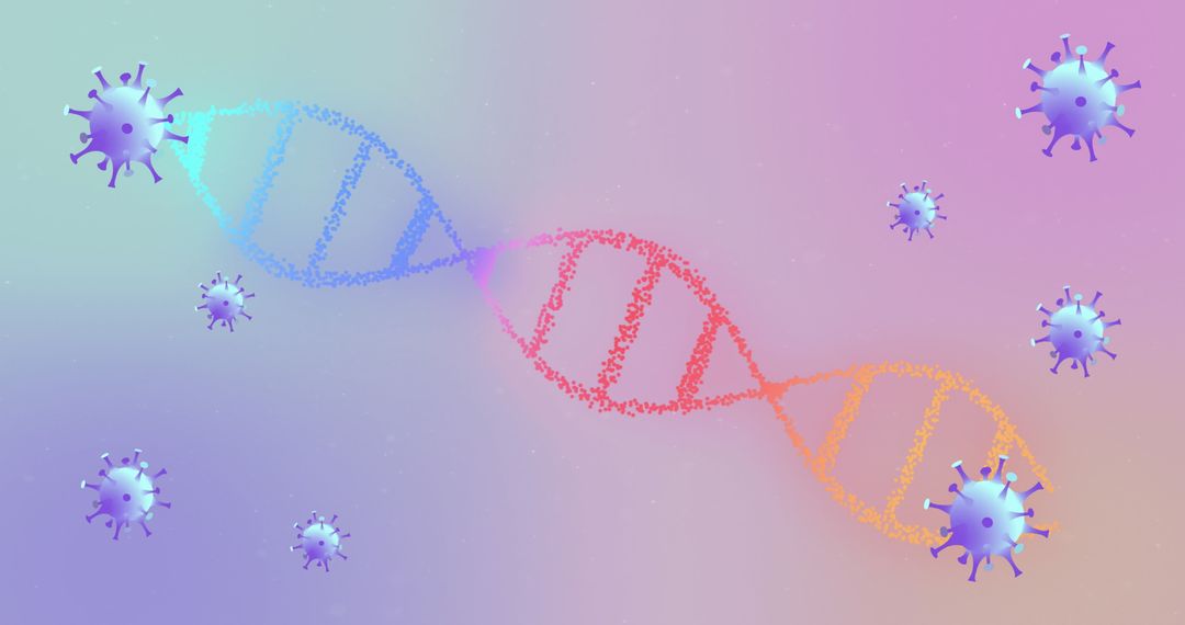 DNA and COVID-19 Virus Cells Floating in Pastel Gradient