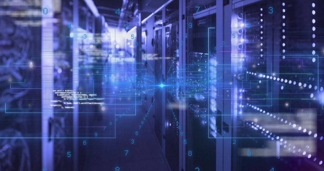 Futuristic Server Room with Digital Data Streams in Blue Hues